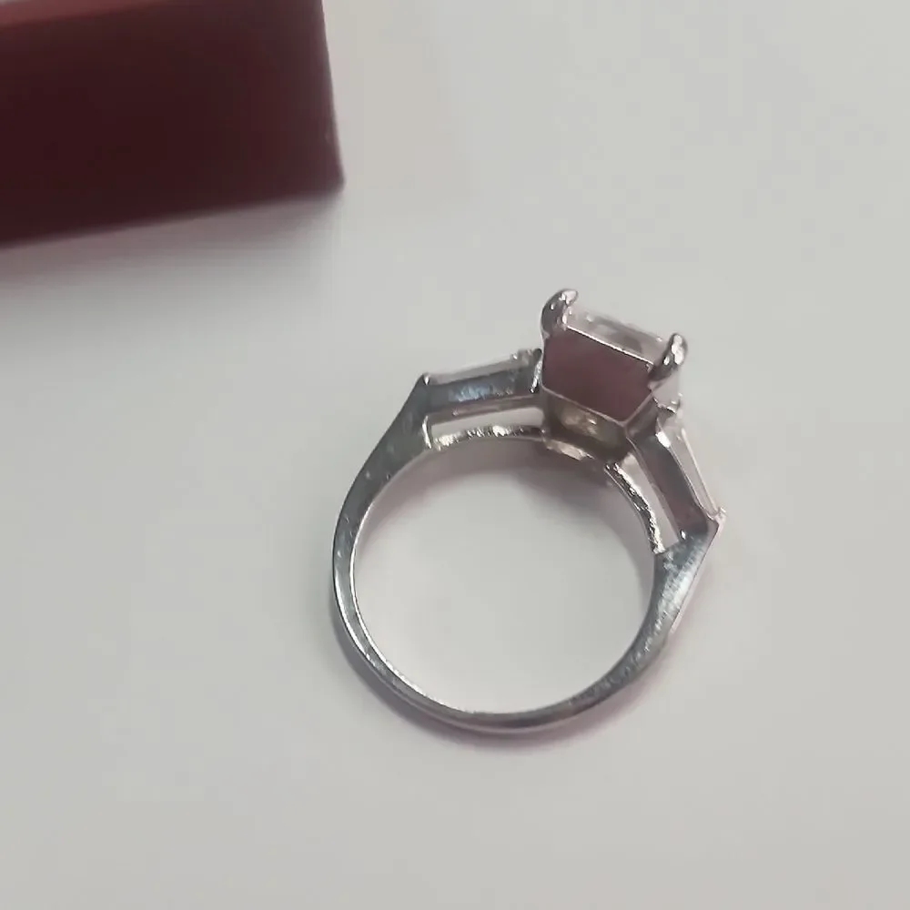 Silver-Tone Princess Cut Solitaire Ring with Baguette Accents - Clear Size 7